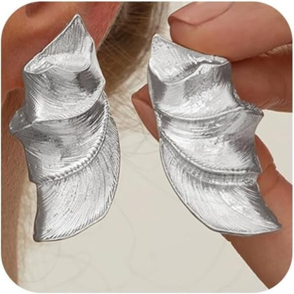 Gold Big Wavy Pleated Stud Earrings | Silver Irregular Geometric Statement - Picture 1 of 5